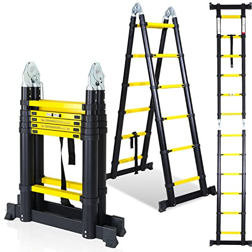 Tubiaz Échelle télescopique en aluminium 3,8 m, portable, multifonction, pliable, 1,9 + 1,9 m, charge maximale : 150 kg, noir, jaune