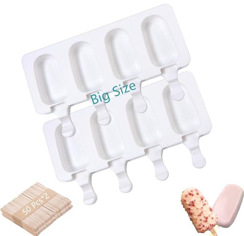 Atsmoce® 2 Packs Molde Helado con 4 Cavidades, Molde Helados Silicona de Chocolate Magnum, Molde Paletas, Popsicle Moldes sin BPA, con 100 Palos Madera, Fácil de liberar (Ovalado y Ondulado)