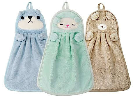 3 Stück niedliches Hängetuch, Korallensamt, Handtuch, zum Aufhängen, Küchenhandtuch, Handtücher mit Aufhängeschlaufe für Badezimmer, Handtuch,Kinder-Set, saugfähiger Waschlappen mit Schlaufe