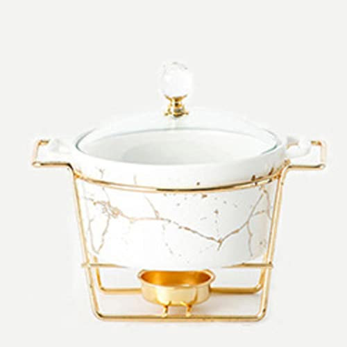 Mini Round Chafing Disk Bufféset, keramik Marmor Finish Chafers och Buffévärmare Set med 2 bränslehållare för buffé/bröllop/festbanketter, vit