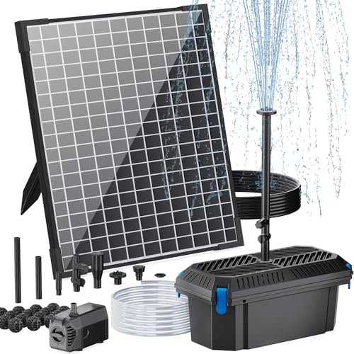 POPOSOAP Bomba de agua solar de 25 W con filtro de estanque, filtro solar para estanque con bomba de agua ajustable de 410 GPH, filtro de estanque con tubo para estanques al aire libre, pecera,