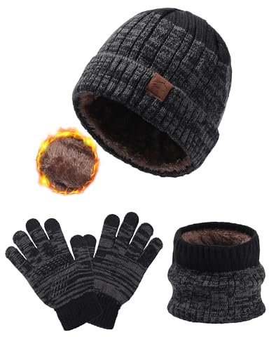 WELROG Kinder Wintermütze Schal Handschuhe für Jungen Mädchen Winter Mütze Schals Set für Kinder 4-15 Jahre Kindermütze Outdoor-Mützes