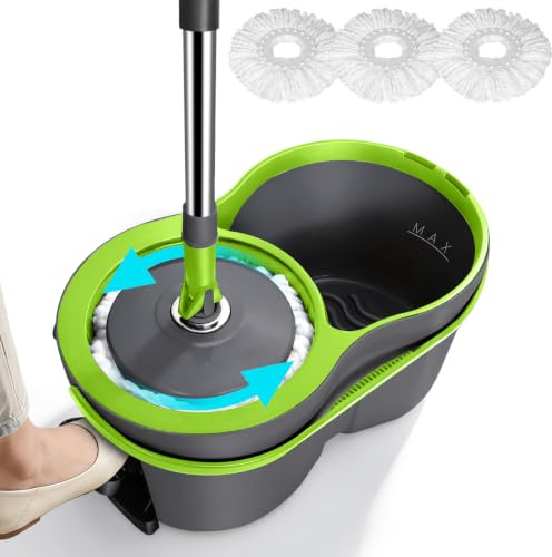 MASTERTOP Mopp- och hinkset, snurrmopp och hinkar med 3 återanvändbara dynor, 9,8 L handsfree mopphink med fotpedal och vridare, snurrande moppset för rengöring av golv – grå, 43 x 25 x 131 cm