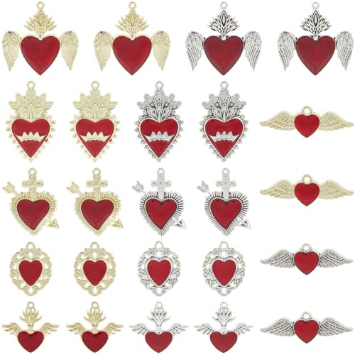SUNNYCLUE 1 låda 24 stycken 12 stilar röd emalj hjärthänge storpack gotiska kärlekshängare legering guld antik silver heliga hjärtan vingar pil hänge för smyckestillverkning tillbehör alla hjärtans
