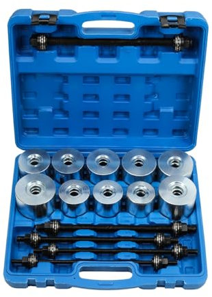 ISINEVER 27tlg Radlager Abzieher Set Silentlager Werkzeug Abzieher Satz Gummibuchsen Buchsen Achslager Montage Demontage Zug- und Druckhülsen-Satz für Auto, PKW, LKW, Stahl inkl. 5 Spindeln+22 Hülsen