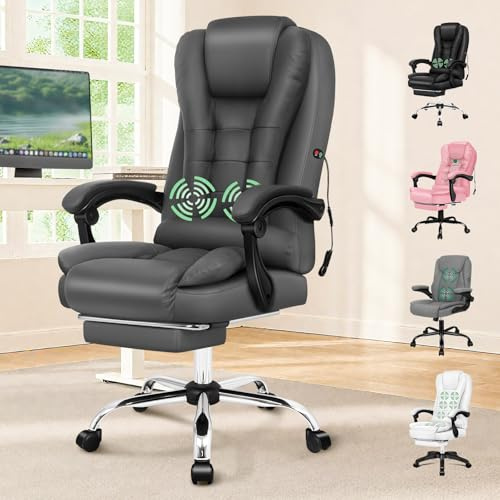 ELFORDSON 2-Point Massage Office Chair for Home, PC Gaming Chair with Footrest and Lumbar Support, High Back 150° Reclining Executive Desk Chair with Padded Armrest, PU Leather, Grey