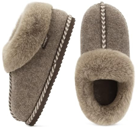 COFACE Womens Bootie Slippers Ladies Woman Boots Faux Fur Fluff Fuzzy Furry Plush Warm Felt House Home Full Cloud Memory Foam Cute Cosy Cozy Comfy Bedroom 2025 Winter Indoor Outdoor Brown Size 7 uk