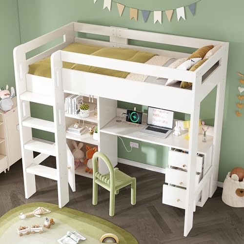 Cama alta de madera, 90 x 200 cm, con escritorio y cajones, cama funcional con escalera y archivador, para niños y adolescentes, color blanco