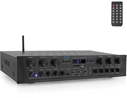 Pyle Home Audio Amplifier with Bluetooth - 6 Channel 600 Watt Peak Power, Karaoke with Echo, 2 Mic Input with Talkover, Headphone In, USB A MP3 Player with SD Reader - Home, Commercial, Worship