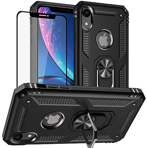 Yiakeng for iPhone XR Case, iPhone XR Phone Cases With Screen Protector, Silicone Shockproof Military Grade Protective Phone Cover with Ring Kickstand for iPhone XR (Black)