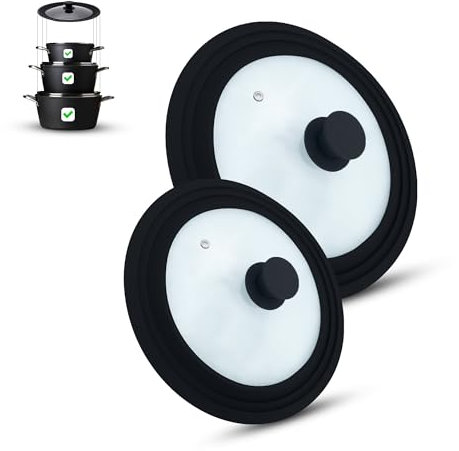 M.S.N Set di 2 coperchi universali in vetro, 2 pezzi, pentole e padelle 16/18/20 cm e 24/26/28 cm, con valvola di scarico e bordo in silicone