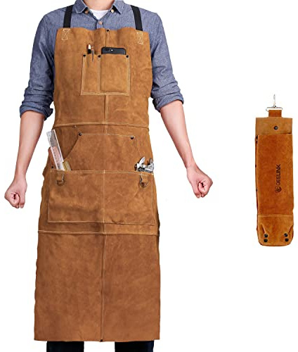 QeeLink Leather Work Shop Apron with 6 Tool Pockets Heat & Flame Resistant Heavy Duty Welding Apron, 24 x 36, Adjustable M to XXL for Men & Women (Brown - Deluxe Edition)