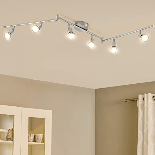 Bojim Faretti LED da Soffitto Orientabili Lampada, Plafoniera Lampadario Applique Interno, Parete Barra Luci Inclusi 6 x 6W GU10 Moderni, per Bagno Cucina Camera Corridoio, Bianco Caldo, Nichel Opaco
