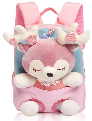 MIDSuN Kleiner Kinderrucksack,Abnehmbarer Plüsch Puppe Kindergartenrucksack,Hirsch Kindergarten Rucksack Kindertasche für 2-5 Jährige Kindergarten Junge und Mädchen (Rosa)