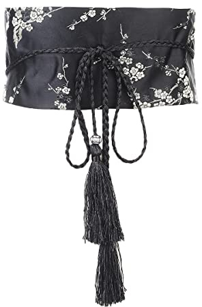FAD-4U Kimono da Donna in Cotone Con Obi Cintura Stile Giapponese Ricamato Ampia Con Nappa Yukata Robe Accessori, Nero, Etichettalia Unica