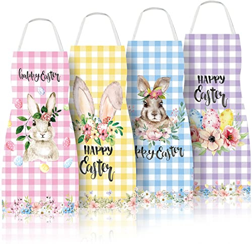 Whaline 4 Pack Happy Easter Aprons Buffalo Plaid Chef Cooking Aprons Colorful Bunny Egg Flower Adjustable Washable Kitchen Apron Collection for Spring Dinner Baking BBQ Grilling Supplies