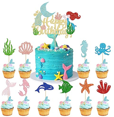 Gyufise 31Pcs Mermaid Cupcake Toppers Happy Birthday Mermaid Cake Topper Glitter Starfish SeaShell Mermaid Tail Cake Decorations for Mermaid Theme Baby Shower Kids Birthday Cake Decorations Supplies