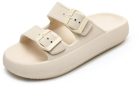 Waysoland Cloud Sliders Women Men Sandals with Adjustable Buckles,Shower Bathroom Non-Slip Quick Drying Open Toe Super Soft Comfy Thick Sole slippers Indoor Outdoor(Beige,2.5/3.5 UK)