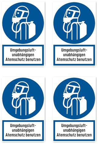 Stickers: 112.5 x 75 mm, Pack of 4 – Use Ambient Air-Independent Respiratory Protection – Mandatory Sign with Text (German) (Blue/White) – Vertical – M047 – DIN EN ISO 7010 / ASR A1.3