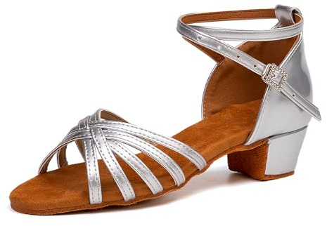 SWDZM Tanzschuhe Kinder Mädchen Latein Absatz 3 cm Standard Salsa Ballroom Bachata Anfänger Praxis Schuhe,Silber,EU 34