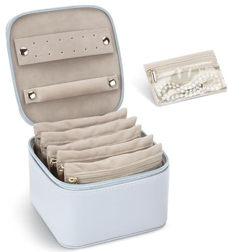 DesignSter Petite boîte à bijoux de voyage en cuir grain litchi avec 6 poches transparentes en velours pour bijoux, rangement bijoux pour filles pour boucles d'oreilles, bagues, bleu