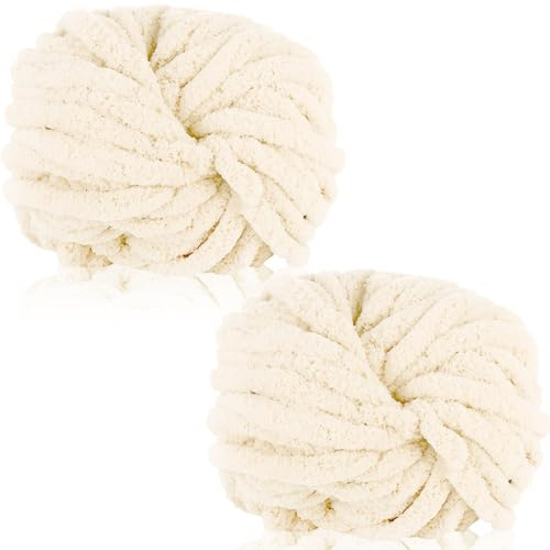 Duscdesp 2 Pack 240g Super Chunky Yarn for Hand Knitting,Thick Wool Yarn,Chenille Chunky Blanket Yarn for Hats Scarf Blankets Cushion Cat Bed(Beige)