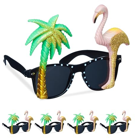 Relaxdays Partybrille 5er Set, Faschingsbrille für Party, Karneval und Festival, aus Kunststoff, Flamingo & Palme, bunt