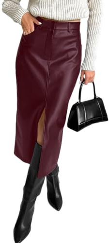 seiveini Jupe Moulante Femme Élégant Midi Jupes Crayon en Cuir Synthétique Ajustée Asymétrique C Vin Rouge M