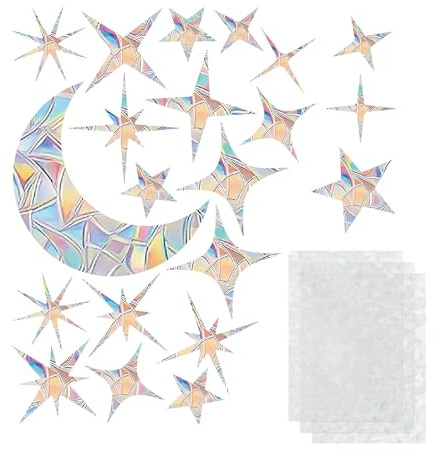 CAPASTEC Juego de 3 Sets 63 Piezas Pegatina Anticolisión de PVC para Ventanas con Diseño Protección de Aves Película Arcoíris para Pegatina Decorativa Suncatcher de Patrón de Lunas