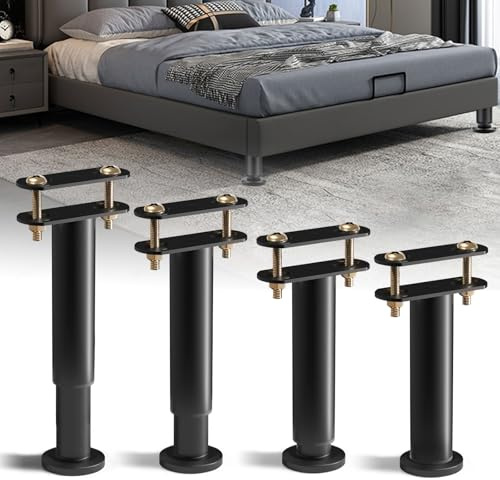 Bocguy 4 patas de cama para muebles, patas ajustables en altura, soporte de metal en forma de T, pie de apoyo retráctil para vigas centrales de cama, sofá, armario, mesa (negro, 18-32 cm)
