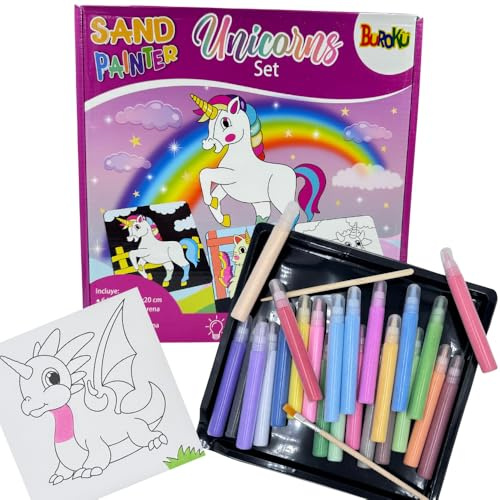 Buroku - Kit di Arte con la Sabbia per Bambini | 6 Tavole con Animali Fantastici 20x20 cm | 24 Colori Vivaci | Stimola Creatività e Motricità | Gioco di Pittura
