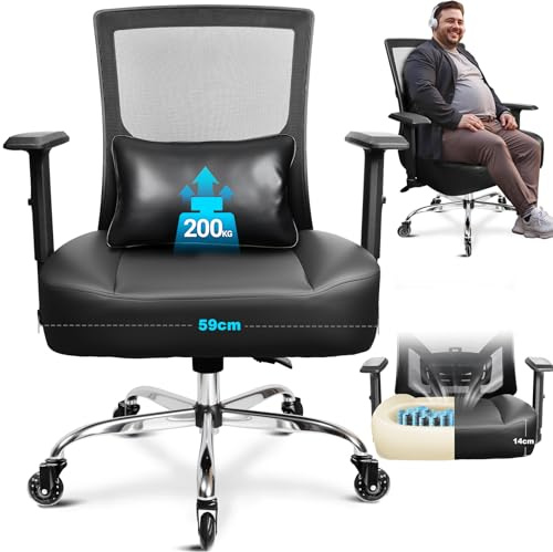 MELOKEA Bürostuhl 200KG XXL, Extrabreites & Extra Dickes Sitzkissen mit Federkern, Glattlaufende Gummirollen, Verstellbare Lendenwirbelstütze, Stufenlose Neigungsverriegelung [Lendenkissen Inklusive]