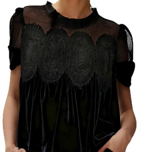 Dam sammet spetsblus vardaglig rund hals kort, elegant utsvängd swingtopp rund, Svart, XL