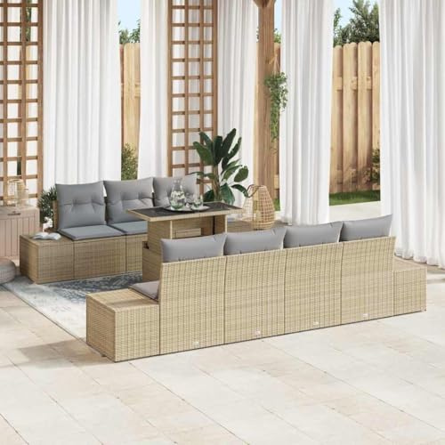 Bucmath Garten Loungesofa Set, 8-teilig, Beige/Hellgrau, Poly-Rattan, modular, wetterfest, Verstellbarer Tisch, UV-beständig, mit Aufbewahrungstasche für Terrasse, Garten, Balkon