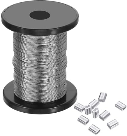 PATIKIL 1/32 tum stålkabel, 196 fot glänsande 304 rostfritt ståltråd för flygplan, med 50 stycken krymphylsor för hängande torkställ, silver