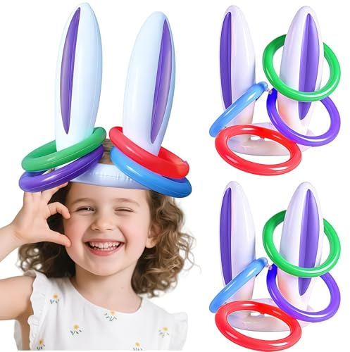 Gioco di lancio degli anelli di Pasqua, 2 cappelli con orecchie da coniglio gonfiabili con 8 anelli da lanciare, Giochi di lancio per feste di Pasqua per adulti e famiglia, Gioco divertente