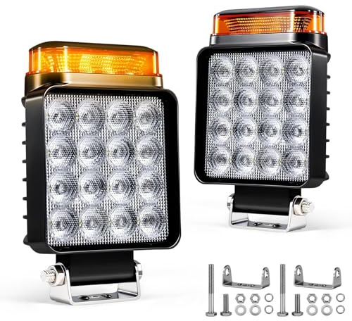 Fxlpower 2x Faros de Trabajo LED con Luz de Advertencia (10 Modos), 18W 12V 24V Foco Adicional para Tractor, Camión y Excavadora, IP68 Impermeable y Resistente al Barro, 2 en 1 Luz de Marcha Atrás