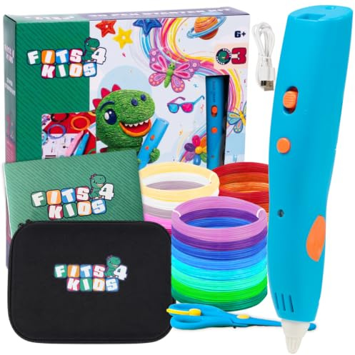 Fits4Kids® Lápices 3D para niños a partir de 6 años – Lápiz 3D inalámbrico con 60m de filamento PCL, USB-C, baja temperatura, plantillas y maletín XL – Set de inicio de lápiz 3D para niñas y niños