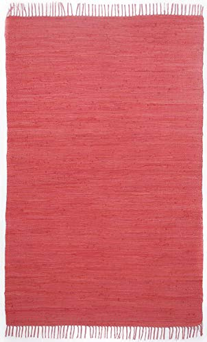 Theko | Dhurry Teppich aus 100% Baumwolle Flachgewebe Teppich Happy Cotton | handgewebt | Farbe: Rot | 70x140 cm