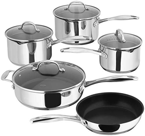 Stellar Profile 5-Piece Set of Pans, 16cm, 18cm x 20cm Saucepans with Strainer Lids, Teflon Non Stick Frying Pan 20cm, Non-Stick Sauté Pan 24cm, Induction Ready