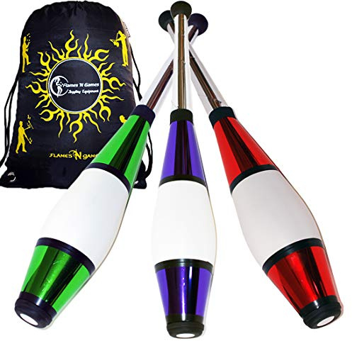 Juggle Dream Euro PRO Jonglierkeulen 3er-Set (Grun/Lila/Red) Jonglier Keulen Training Set + Flames N Games Reisetasche! Große Keulenjonglage Set für Kinder & Erwachsene!