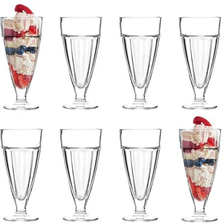 Argon Tableware Ice Cream Sundae Glasses Set of 8 Tall 350ml Milkshake Glasses Clear Dessert Cups with Footed Base Ice Cream Bowl for Milkshakes, Yoghurts