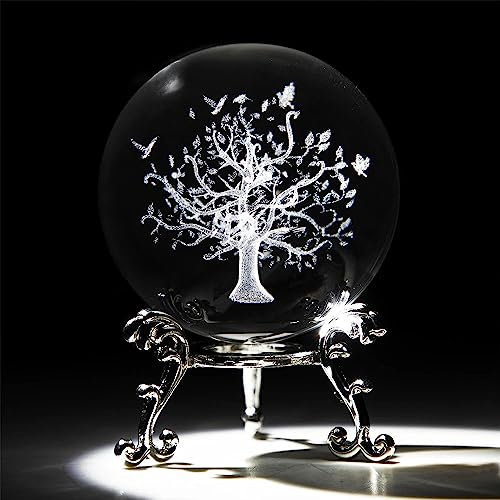 60mm Tree of Life Crystal Ball with Stand 3D Laser Engraved Life Tree Figurine Crystal Paperweight Decoraive Quartz Glass Ball Sphere Home Decor Table Craft