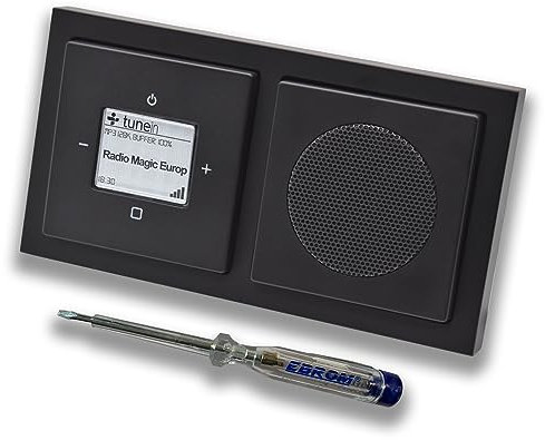 Busch Jäger iNet Internet Unterputz Radio 8216U Future Anthrazit, Komplett-Set mit Lautsprecher, Abdeckungen, Rahmen + EBROM Phasenprüfer zur Montage der Geräte - 8216 U Internetradio