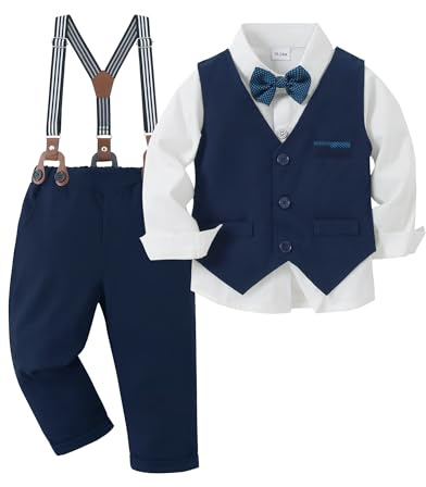 Amissz Baby Boy Wedding Suit Christening Clothes for Boys, Toddler Boy Birthday Outfit Blazers Set Long Sleeve Shirt + Suspender Pants + Waistcoat + Bow Tie (Navy Blue, 4-5 Years)