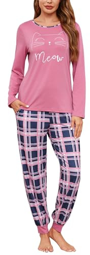 Leversic Pijama de Mujer Invierno 2 Piezas Algodón Conjunto de Pijama Cuello Redondo Top Pijama Manga Larga y Pantalones de Pijama con Bolsillos(Rosa,XL)