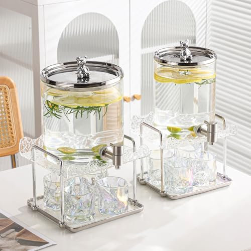 EISFBIMV Set di 2 Distributori di Bevande con Supporto E Bicchieri, Dispenser di Acqua in Vetro da Banco per Limonata con Distributore di Succo di Frutta con Coperchio per Matrimoni E Bar