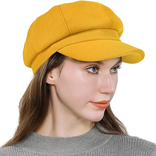 Women’s Newsboy Cap Wool Blend Retro Solid Color Girls Fashion Gatsby Cabbie Visor Beret Hat Yellow