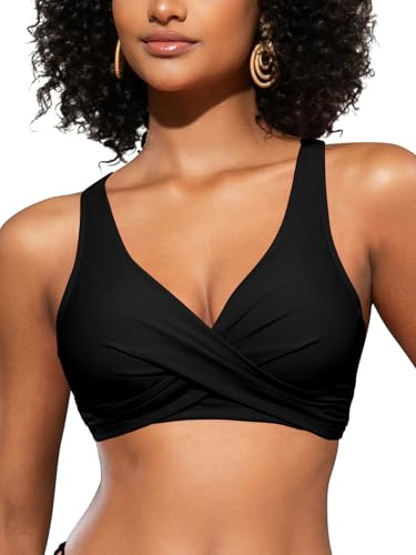 SHEKINI Top de Bikini para Mujer con Espalda Abierta Plisada Cruzada Push Up Cuello en V Ajustable Ropa de Playa（L，Negro-A）