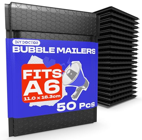 DIY Doctor A6 Padded Envelopes, 50 Pieces, Black Bubble Mailers 11 x 16.5 cm, Self-Seal Bubble Wrap Envelopes for Shipping & Packaging, Eco-Friendly Mailer Bags for Small Business
